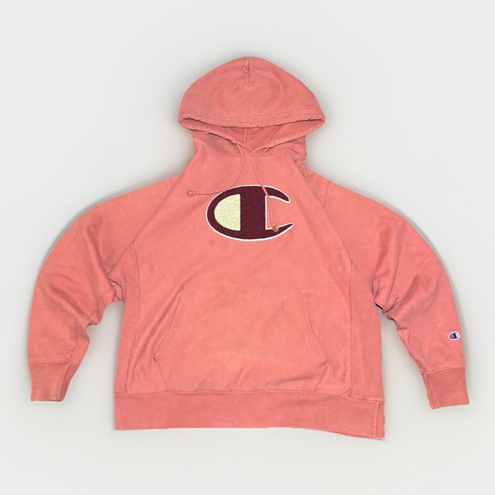 Champion Reverse Weave Hoodie Large Salmon Pink Big Logo Pullover Sweatshirt